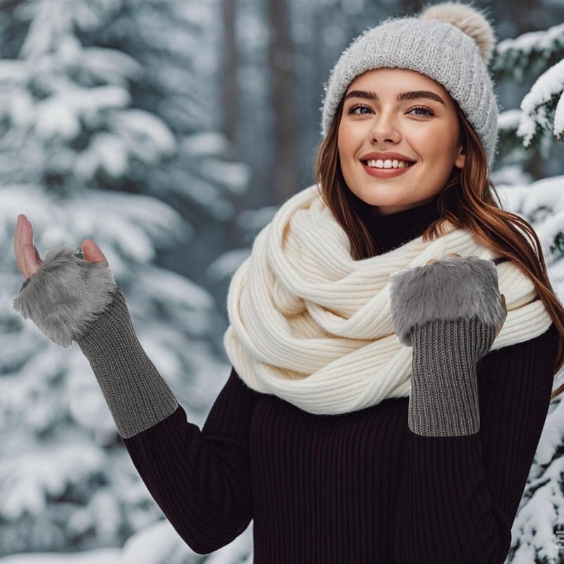 cnomg Winter Faux Fur Fingerless Gloves Faux Fur Half Finger Warmers Fingerless Gloves for Women Girls Working Writing - Image 5